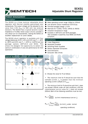 SC431CS-.5TRT datasheet - Adjustable Shunt Regulator