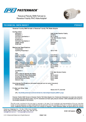 PE9607 datasheet - Reverse Polarity SMA Female to Reverse Polarity TNC Male Adapter