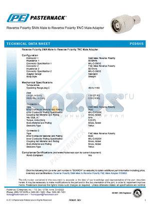 PE9605 datasheet - Reverse Polarity SMA Male to Reverse Polarity TNC Male Adapter