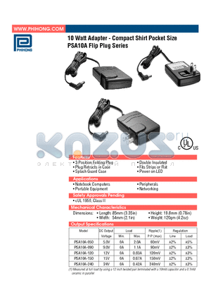 PSA10A-150 datasheet - 10 Watt Adapter - Compact Shirt Pocket Size