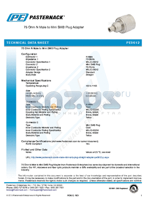 PE9612 datasheet - 75 Ohm N Male to Mini SMB Plug Adapter