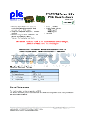 PE9620DV datasheet - PE96/PE98 Series 3.3 V PECL Clock Oscillators