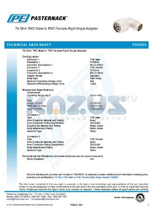 PE9623 datasheet - 75 Ohm TNC Male to TNC Female Right Angle Adapter