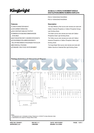 PSA12-11 datasheet - 30.48mm (1.2 INCH) 16SEGMENT SINGLE DIGIT ALTHANUMERIC NUMERIC DISPLAYS