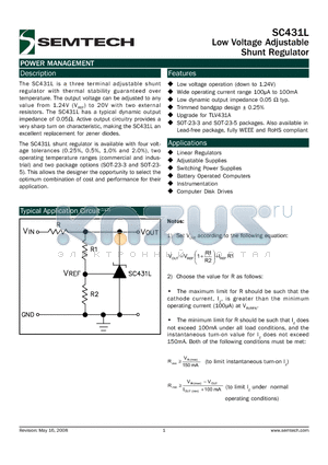 SC431L datasheet - Low Voltage Adjustable Shunt Regulator