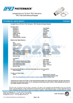 PE9625 datasheet - Isolated Ground 75 Ohm TNC Female to TNC Female Bulkhead Adapter