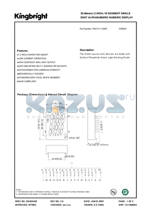 PSA12-11GWA datasheet - 30.48mm(1.2 INCH) 16 SEGMENT SINGLE DIGIT ALPHANUMERIC NUMERIC DISPLAY