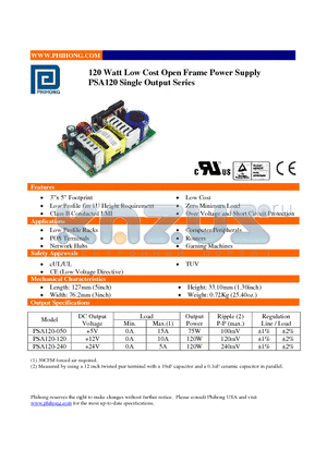 PSA120-050 datasheet - 120 Watt Low Cost Open Frame Power Supply