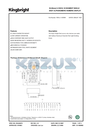 PSA12-11SRWA datasheet - 30.48mm(1.2 INCH) 16 SEGMENT SINGLE DIGIT ALPHANUMERIC NUMERIC DISPLAY