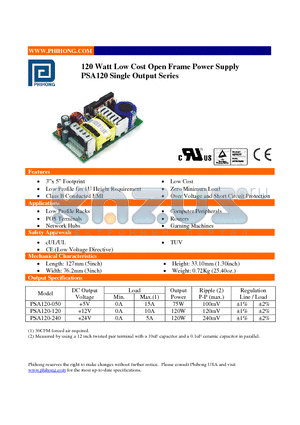 PSA120-120 datasheet - 120 Watt Low Cost Open Frame Power Supply