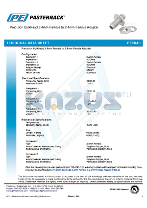 PE9640 datasheet - Precision Bulkhead 2.4mm Female to 2.4mm Female Adapter