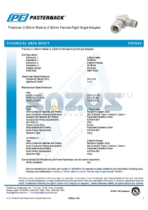 PE9644 datasheet - Precision 2.92mm Male to 2.92mm Female Right Angle Adapter