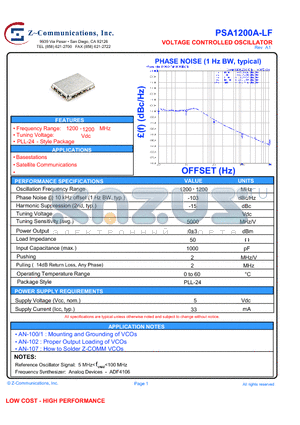 PSA1200A-LF datasheet - Voltage-Controlled Oscillator Surface Mount Module