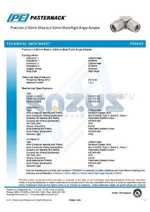 PE9645 datasheet - Precision 2.92mm Male to 2.92mm Male Right Angle Adapter