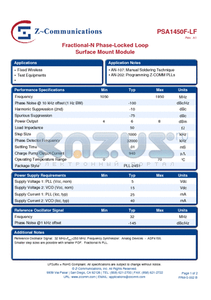 PSA1450F-LF datasheet - Voltage-Controlled Oscillator Surface Mount Module