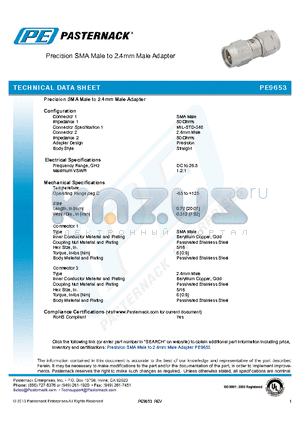 PE9653 datasheet - Precision SMA Male to 2.4mm Male Adapter