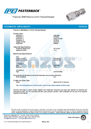 PE9654 datasheet - Precision SMA Male to 2.4mm Female Adapter