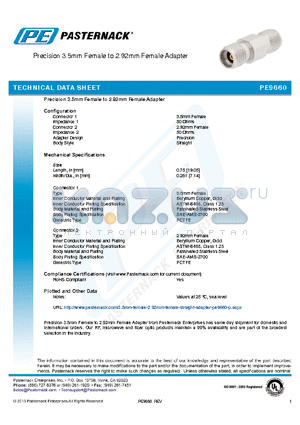 PE9660 datasheet - Precision 3.5mm Female to 2.92mm Female Adapter