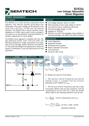 SC431L_07 datasheet - Low Voltage Adjustable Shunt Regulator