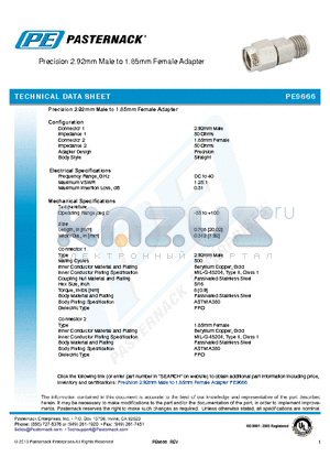 PE9666 datasheet - Precision 2.92mm Male to 1.85mm Female Adapter