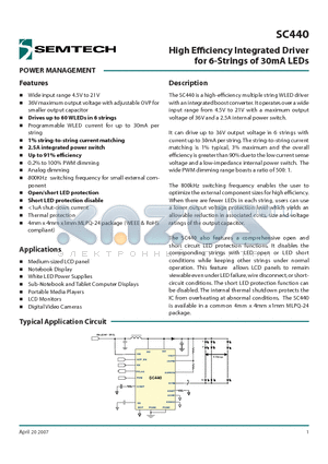 SC440 datasheet - High Effi ciency Integrated Driver for 6-Strings of 30mA LEDs