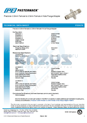 PE9676 datasheet - Precision 3.5mm Female to 3.5mm Female 4 Hole Flange Adapter