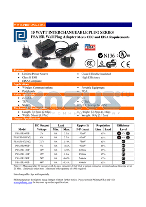 PSA15R-050P datasheet - 15 WATT INTERCHANGEABLE PLUG SERIES