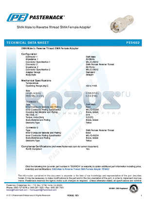 PE9682 datasheet - SMA Male to Reverse Thread SMA Female Adapter