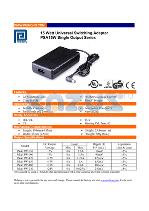 PSA15W-050 datasheet - 15 Watt Universal Switching Adapter