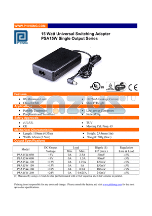 PSA15W-090 datasheet - 15 Watt Universal Switching Adapter