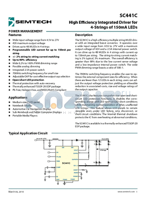 SC441C datasheet - High Efficiency Integrated Driver for 4-Strings of 150mA LEDs