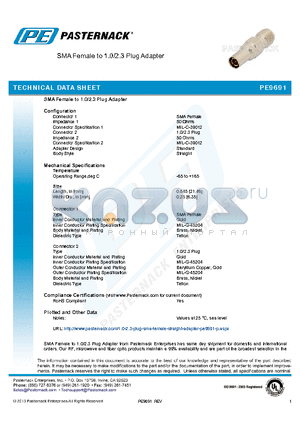 PE9691 datasheet - SMA Female to 1.0/2.3 Plug Adapter