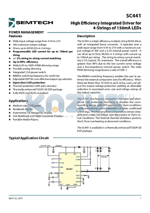 SC441 datasheet - High Effi ciency Integrated Driver for 4-Strings of 150mA LEDs