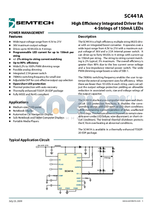 SC441A datasheet - High Efficiency Integrated Driver for 4-Strings of 150mA LEDs