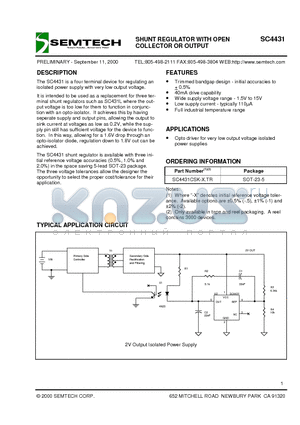 SC4431CSK-0.5TR datasheet - SHUNT REGULATOR WITH OPEN COLLECTOR OR OUTPUT