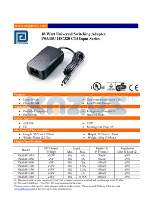 PSA18U-033 datasheet - 18 Watt Universal Switching Adapter