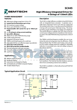 SC445 datasheet - High Efficiency Integrated Driver for 4-Strings of 150mA LEDs