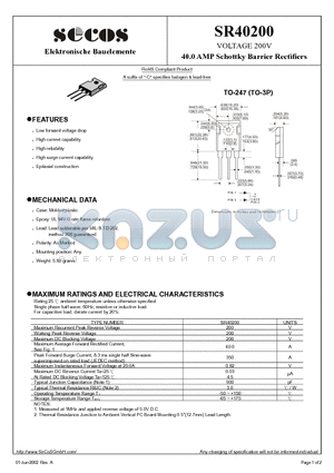 SR40200 datasheet - 40.0 AMP Schottky Barrier Rectifiers