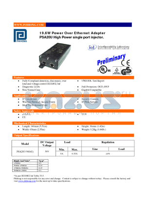 PSA20U-560 datasheet - 19.6W Power Over Ethernet Adapter