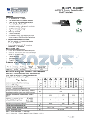 SR4020PT datasheet - 40.0AMPS. Schottky Barrier Rectifiers Low power loss, high efficiency