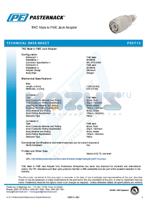 PE9713 datasheet - TNC Male to FME Jack Adapter