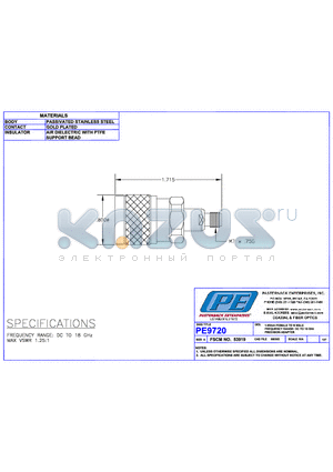 PE9720 datasheet - 1.85mm FEMALE TO N MALE FREQUENCY RANGE; DC TO 18 GHz PRECISION ADAPTER