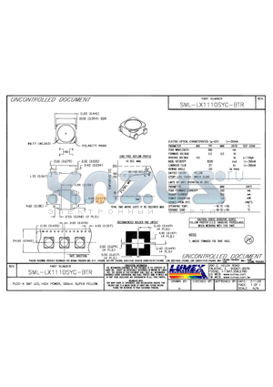 SML-LX1110SYC-BTR datasheet - PLCC-4 SMT LED, HIGH POWER, 590NM SUPER YELLOW