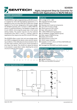 SC4509 datasheet - Highly Integrated Step-Up Converter for White LED Applications in MLPD-W8-2x2