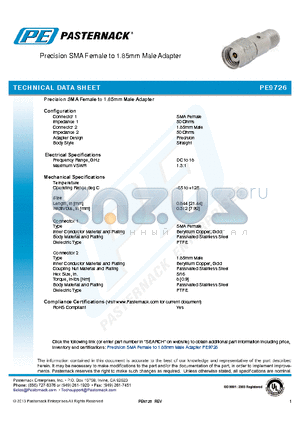 PE9726 datasheet - Precision SMA Female to 1.85mm Male Adapter