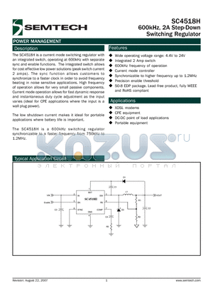 SC4518HEVB datasheet - 600kHz, 2A Step-Down Switching Regulator