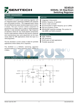 SC4519 datasheet - 600kHz, 3A Step-Down Switching Regulator