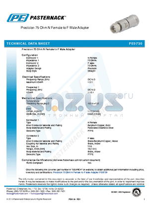 PE9739 datasheet - Precision 75 Ohm N Female to F Male Adapter