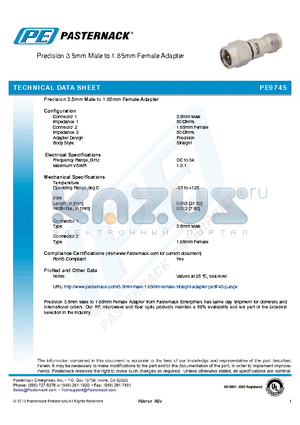 PE9745 datasheet - Precision 3.5mm Male to 1.85mm Female Adapter