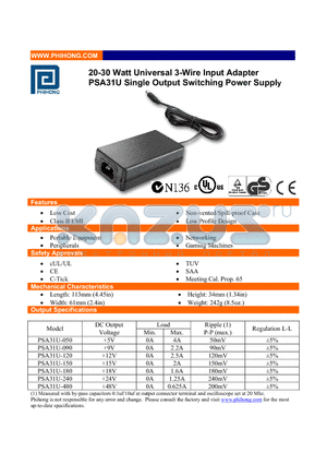 PSA31U-090 datasheet - 20-30 Watt Universal 3-Wire Input Adapter